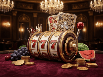 Luxury online casino gaming interface with slot machines and cards